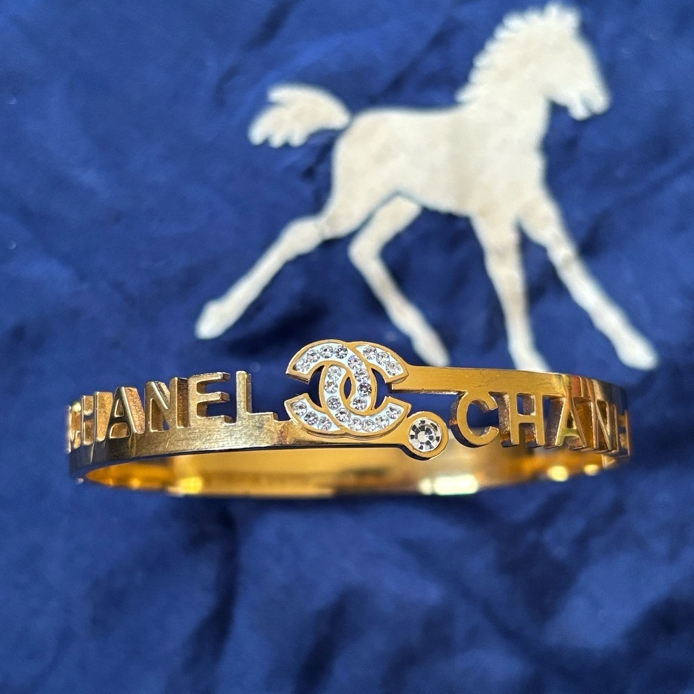 Gold Tone Bangle Cuff Bracelet Crystal Accent CC Luxury Designer